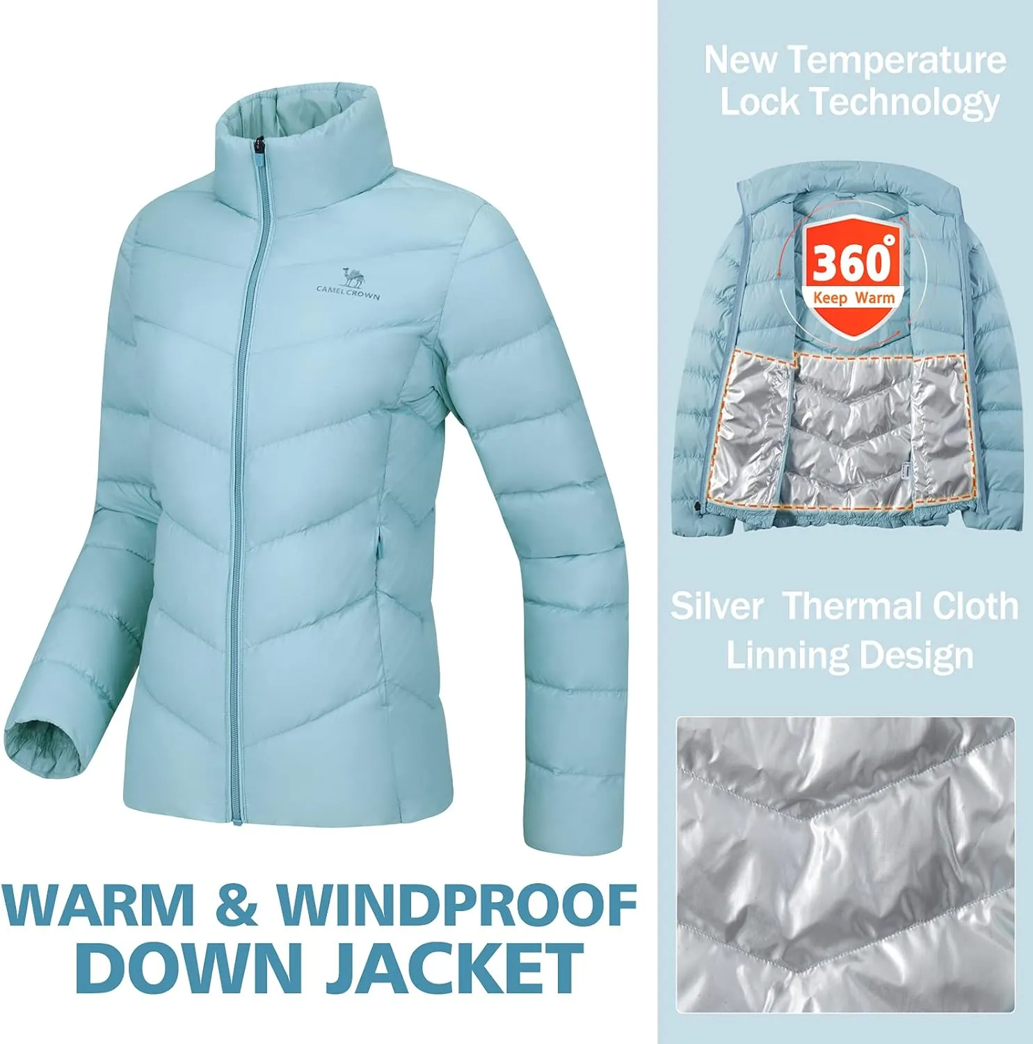 CAMELSPORTS Women's Down Jacket Hooded Winter Light Weight Short Puffer Coats Packable Warm Windproof Ladies Parka