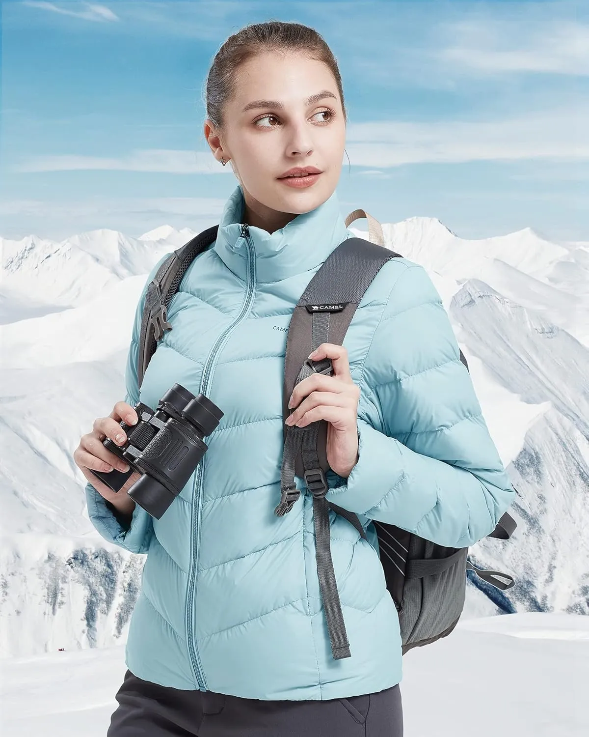 CAMELSPORTS Women's Down Jacket Hooded Winter Light Weight Short Puffer Coats Packable Warm Windproof Ladies Parka