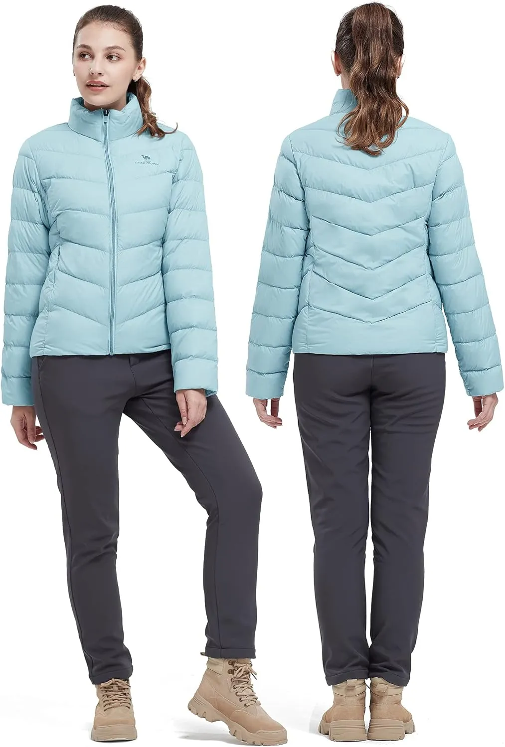 CAMELSPORTS Women's Down Jacket Hooded Winter Light Weight Short Puffer Coats Packable Warm Windproof Ladies Parka