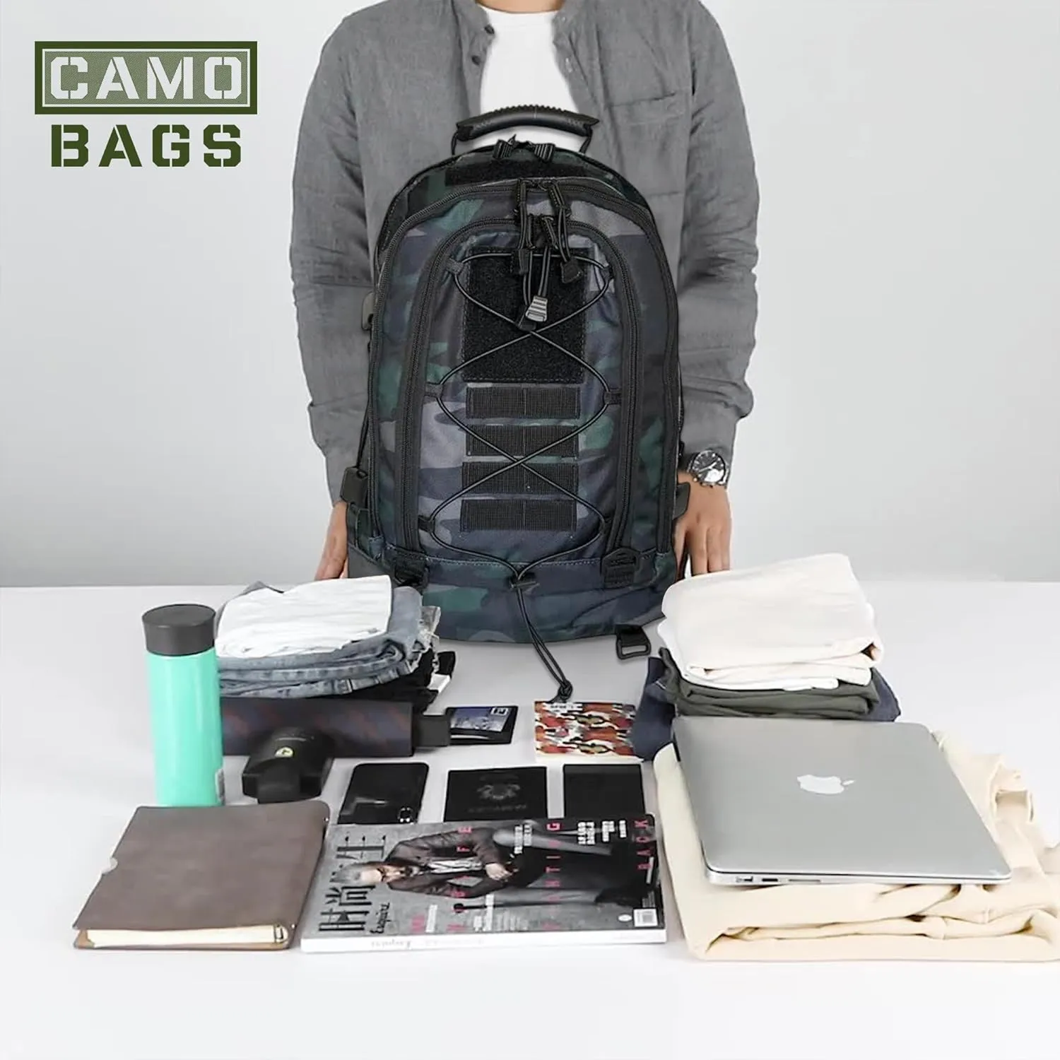 Camo Expandable Travel Backpack - 1000 Denier Cordura Polyester, Large Capacity Zipper Backpack with Multi Compartments - Lightweight & Comfortable Padded Straps - Ideal for Hiking, Camping & Outdoor