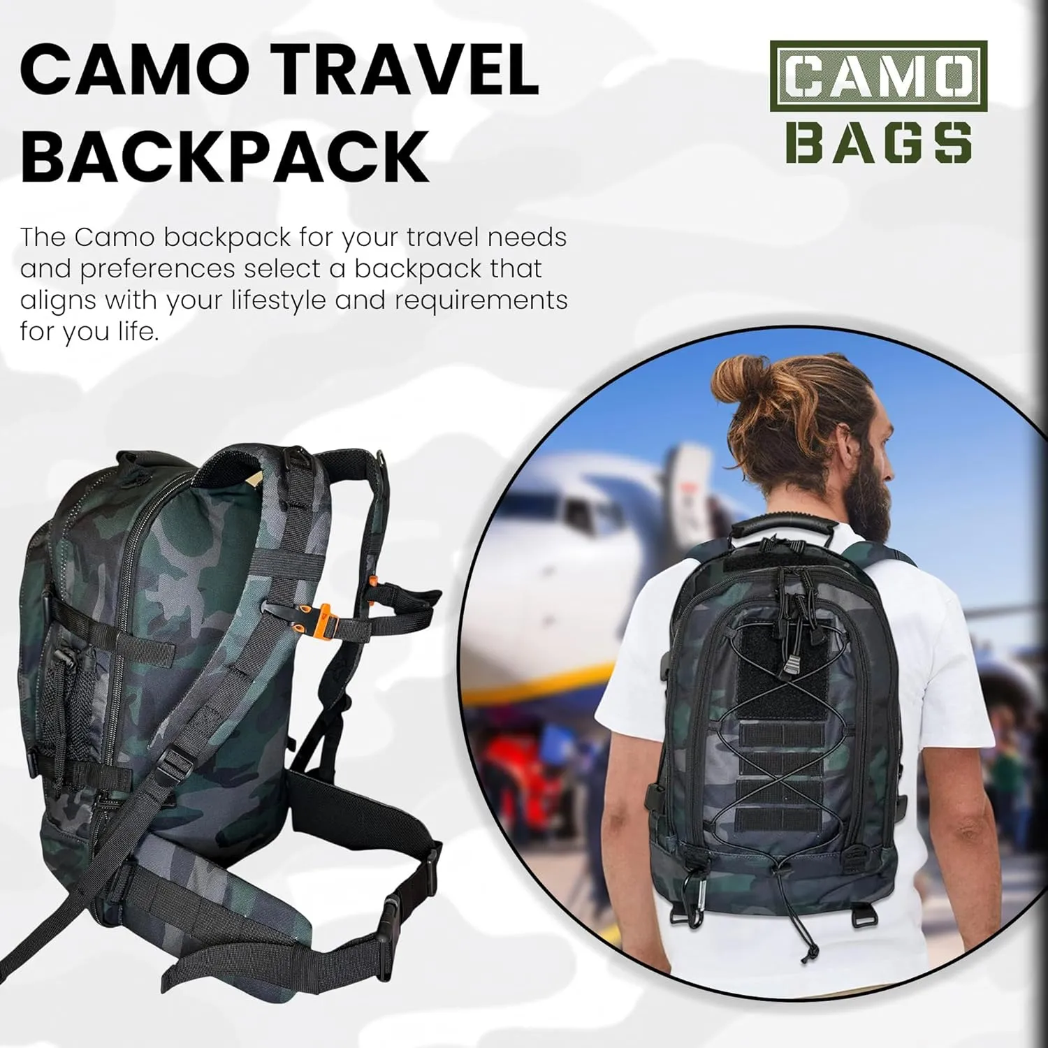 Camo Expandable Travel Backpack - 1000 Denier Cordura Polyester, Large Capacity Zipper Backpack with Multi Compartments - Lightweight & Comfortable Padded Straps - Ideal for Hiking, Camping & Outdoor