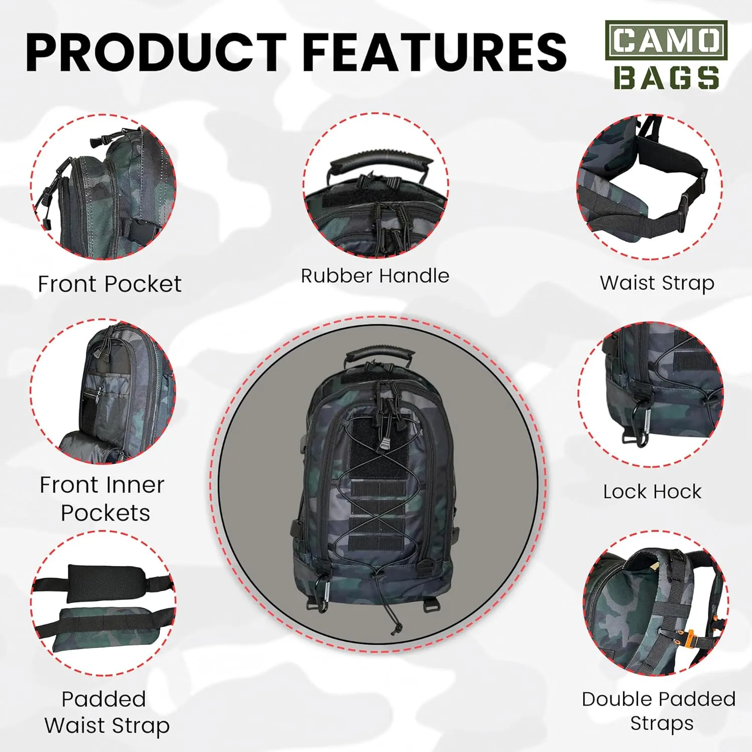 Camo Expandable Travel Backpack - 1000 Denier Cordura Polyester, Large Capacity Zipper Backpack with Multi Compartments - Lightweight & Comfortable Padded Straps - Ideal for Hiking, Camping & Outdoor