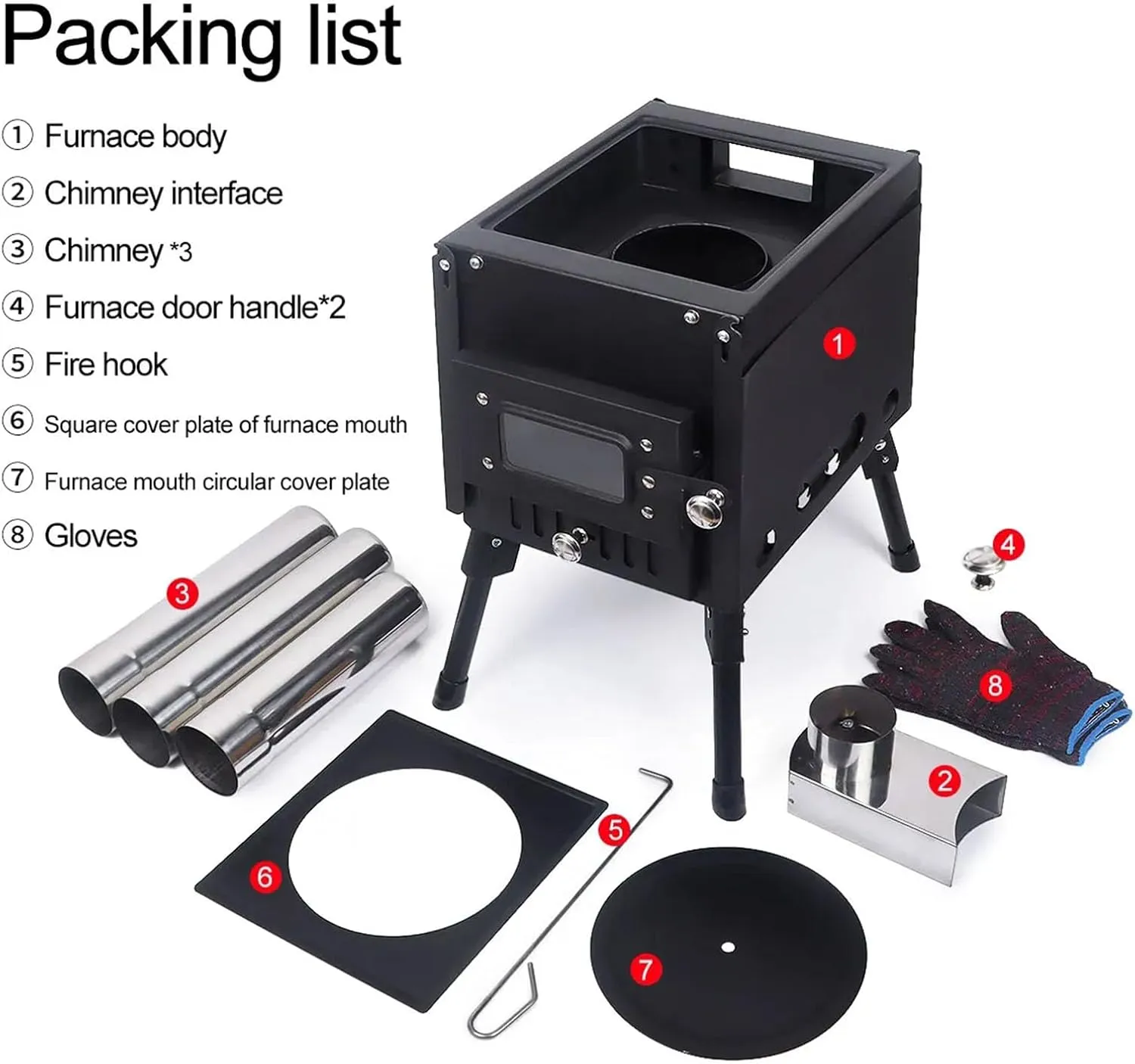 Camp Tent Wood Burning Stove Portable with Chimney Pipes, Stainless Steel Camping Stove, Heat Resistant Glass & Gloves for Outdoor