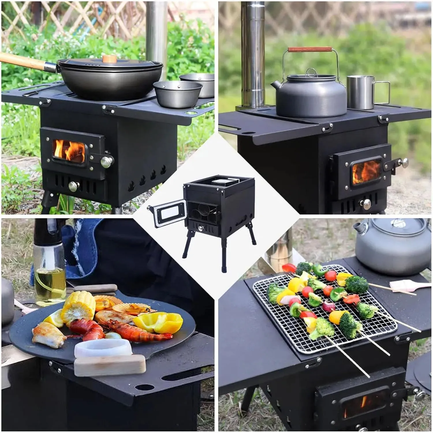 Camp Tent Wood Burning Stove Portable with Chimney Pipes, Stainless Steel Camping Stove, Heat Resistant Glass & Gloves for Outdoor