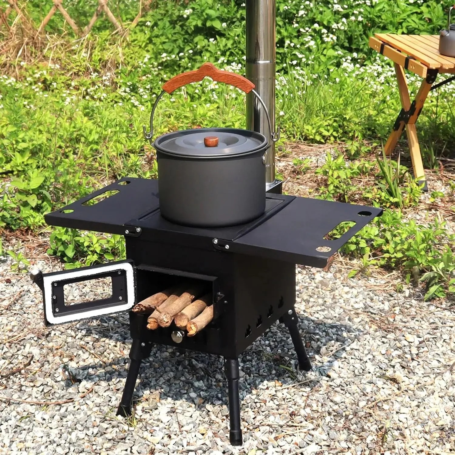 Camp Tent Wood Burning Stove Portable with Chimney Pipes, Stainless Steel Camping Stove, Heat Resistant Glass & Gloves for Outdoor