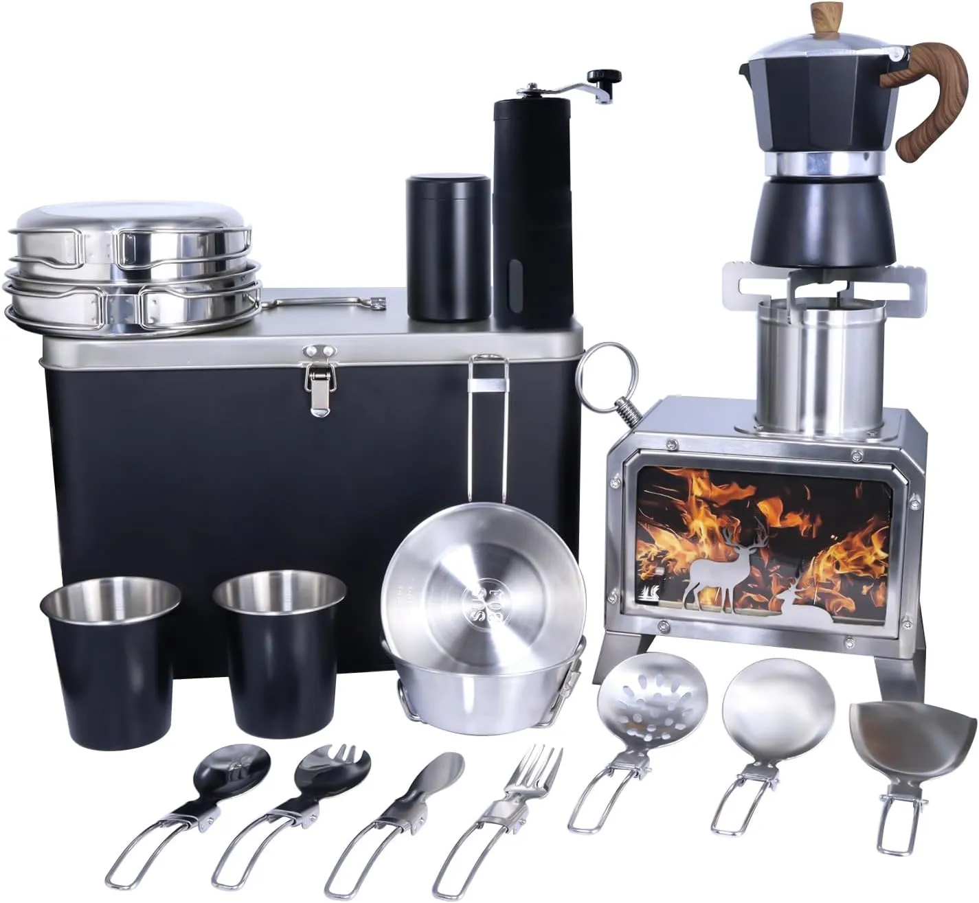 Camping Cookware Set, 20 Pieces, Stainless Steel and Black