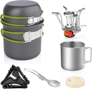 Camping Cookware Set Lightweight Portable Compact Outdoor Cooking Kit with Foldable Stove Anodized Aluminum Pots Pans Stainless Steel Cup Fork Spoon for Camping Hiking Backpacking