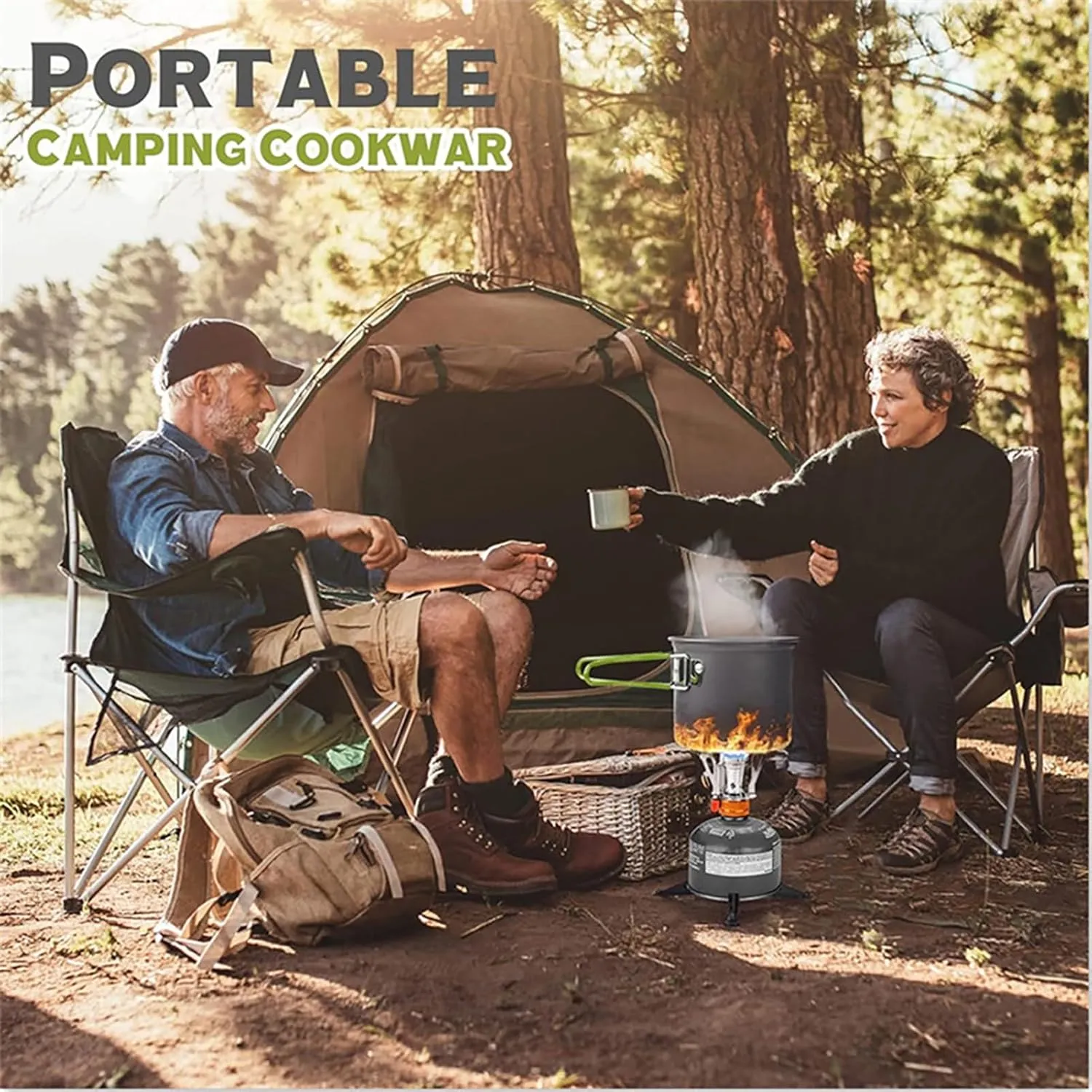 Camping Cookware Set Lightweight Portable Compact Outdoor Cooking Kit with Foldable Stove Anodized Aluminum Pots Pans Stainless Steel Cup Fork Spoon for Camping Hiking Backpacking