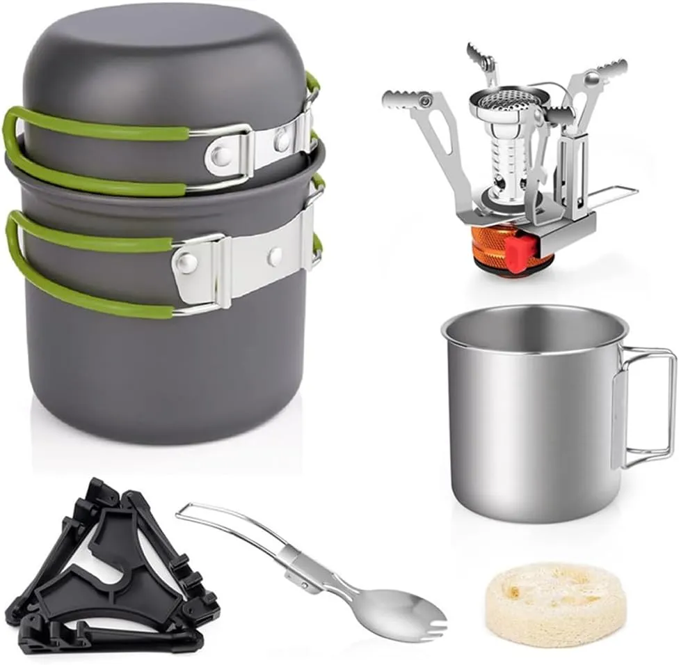 Camping Cookware Set with Folding Camping Stove Lightweight Pot Pan Set with Stainless Steel Cup & Fork Spoon for Outdoors Cooking Camping Hiking Picnic Backpacking