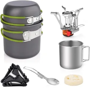 Camping Cookware Set with Folding Camping Stove Lightweight Pot Pan Set with Stainless Steel Cup & Fork Spoon for Outdoors Cooking Camping Hiking Picnic Backpacking