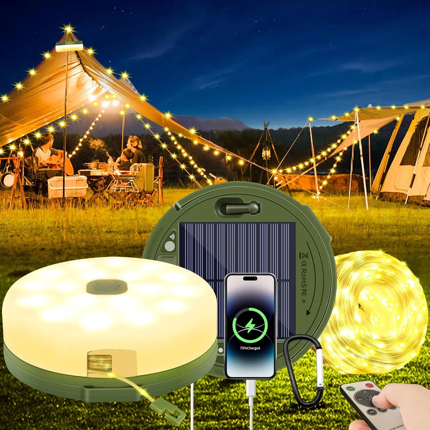 Camping Essentials Camping String Lights Portable Waterproof Solar Powered 4 in 1 with Hook 33ft100LED String Camp Lantern USB Rechargeable 3600mAh Power Bank with Remote for Yard Decorations (Yellow