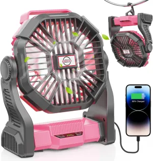 Camping Fan with LED Lantern, 15000mAh Portable Rechargeable Battery Powered Table Fan with Hook, Camping Gear for Picnic, Fishing, Car or Hurricane Power Outages (Pink)