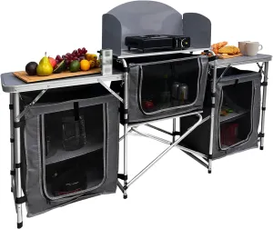 Camping Kitchen Table, Portable Folding Aluminum Cooking Table with 3 Storage Cupboards and Carrying Bags, Outdoor Cooking Station for Beach BBQ RV Traveling Camping Party (Silver)