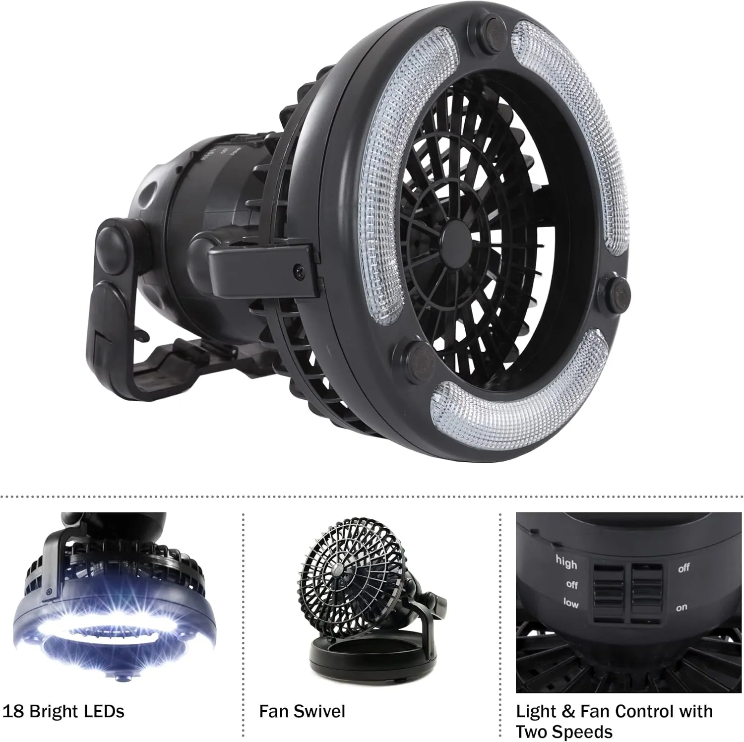 Camping Lantern with Fan Set - Set of 2 Weather-Resistant Camping Lights with 18 LED Bulbs and High and Low Fan Settings by Wakeman (Black)