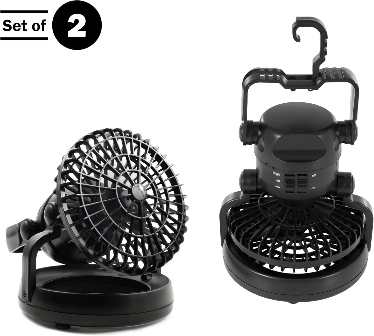 Camping Lantern with Fan Set - Set of 2 Weather-Resistant Camping Lights with 18 LED Bulbs and High and Low Fan Settings by Wakeman (Black)