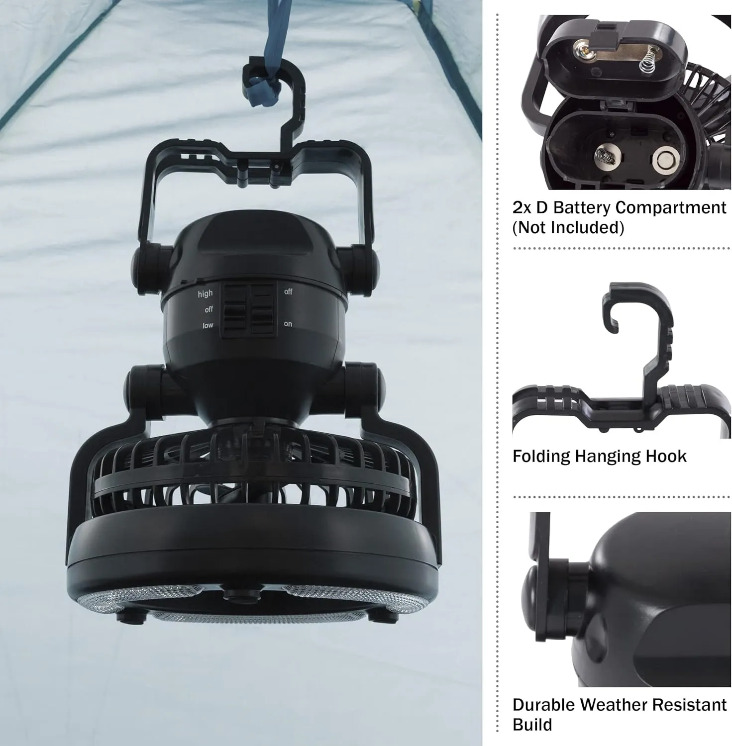 Camping Lantern with Fan Set - Set of 2 Weather-Resistant Camping Lights with 18 LED Bulbs and High and Low Fan Settings by Wakeman (Black)