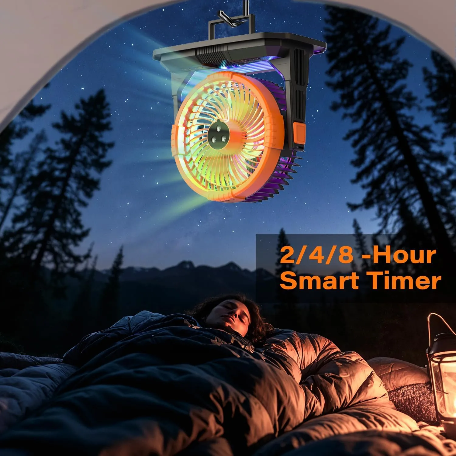 Camping Misting Fan with LED Lantern, 20000mAh Rechargeable Battery Operated Fan with 3 Large Spray Outlets & Hanging Hook, 4 Speeds,Remote Control for Camping, Fishing,Travel