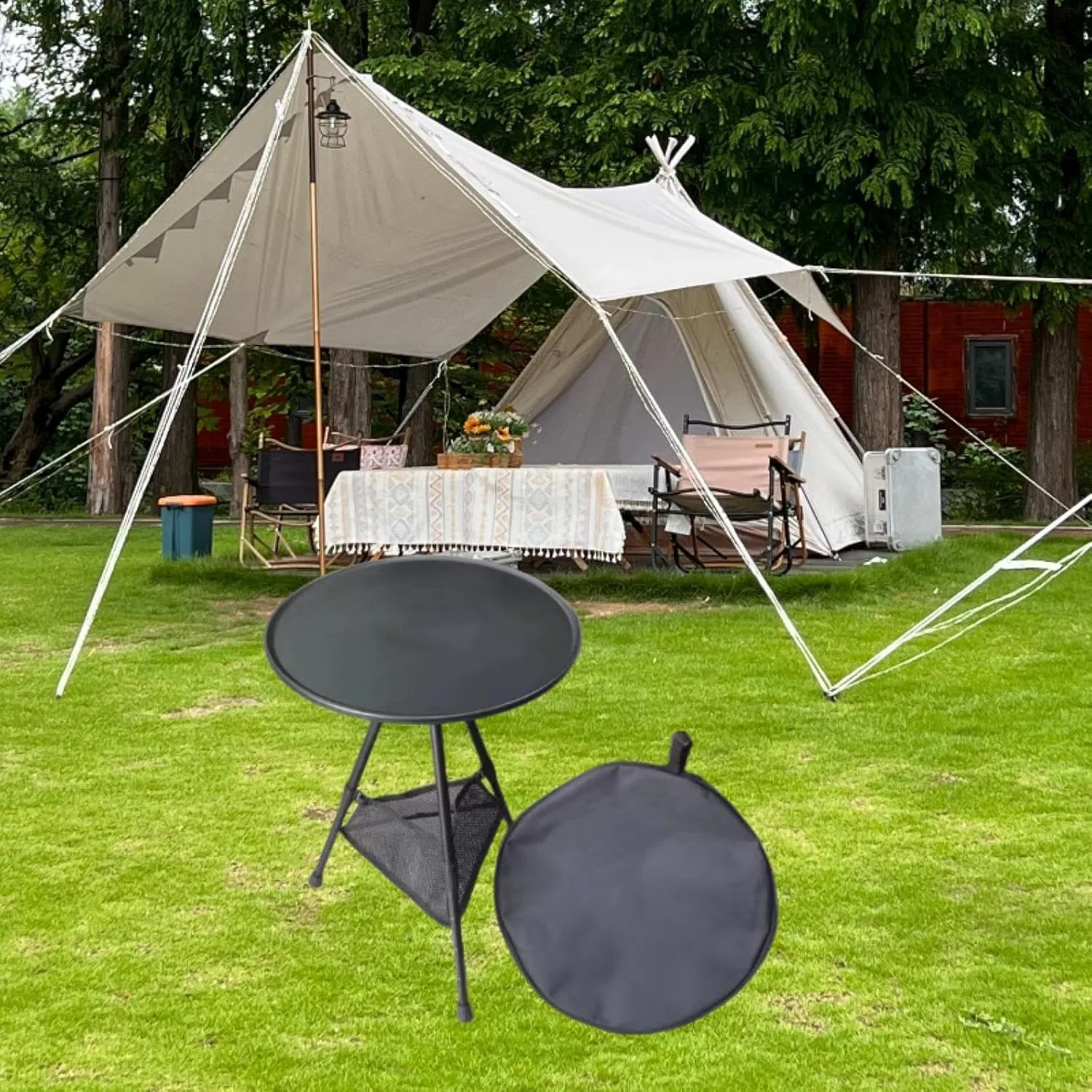 Camping Round Table Portable Three Legged Table Folding Stable Adjustable Multiuse with Storage Bag
