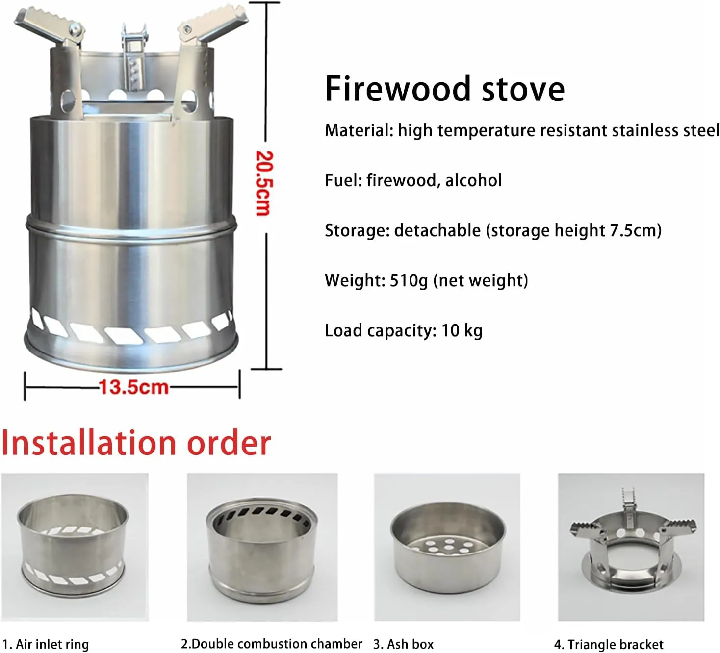 Camping Stove Wood Stove Backpacking Stove Windproof Portable Stainless Steel Wood Burning Stove for Outdoor Backpacking Hiking Traveling Picnic BBQ