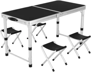 Camping Table Folding Camping Table - Lightweight, Portable, Height Adjustable Die-Cast Metal Design for BBQs Beach Picnic(BasicBlackWithChairs)