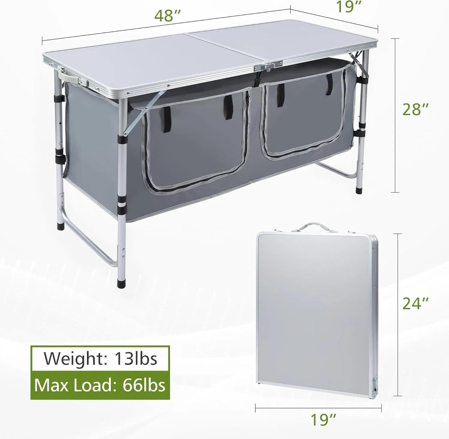 Camping Table, Folding Camping Table with Storage, Portable Kitchen Table, Lightweight, 3 Heights Adjustable Camping Furniture for BBQ, Picnic, Camping, Hiking, Beach, and Indoor