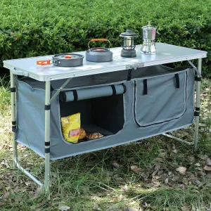 Camping Table, Folding Camping Table with Storage, Portable Kitchen Table, Lightweight, 3 Heights Adjustable Camping Furniture for BBQ, Picnic, Camping, Hiking, Beach, and Indoor
