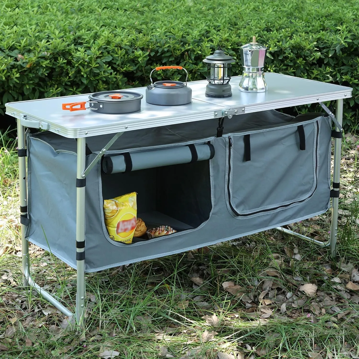 Camping Table, Folding Camping Table with Storage, Portable Kitchen Table, Lightweight, 3 Heights Adjustable Camping Furniture for BBQ, Picnic, Camping, Hiking, Beach, and Indoor