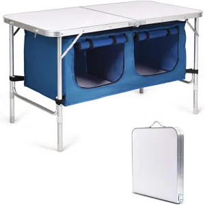 Camping Table, Folding Picnic Table, Height Adjustable Camping Table with Storage Cabinet and Handle, Outdoor Garden Patio Kitchen Portable BBQ Table(Blue)