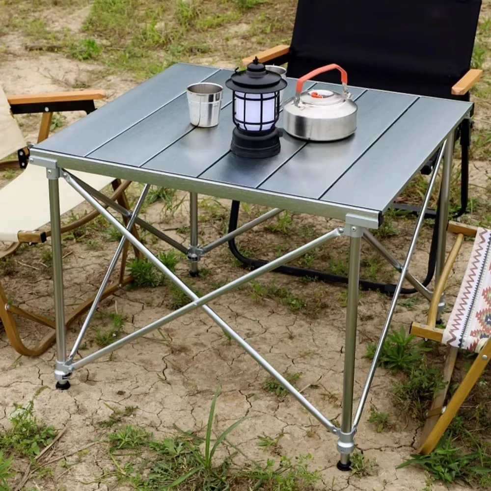 Camping Table Folding Portable Camp Aluminum Fold Up Lightweight Roll Up Table Adjustable Height with Carry Bag Indoor Outdoor for Camping, Picnic, Backyard, BBQ(A)