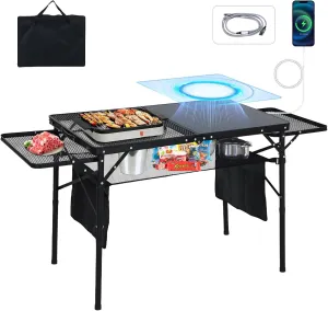 Camping Table, Grill Table, Outdoor Table, Folding Table, Folding Grill Table, Solar Panel Table, Outdoor Table, 42W Portable Solar Phone Charger w/USB, Type-C&DC Outputs, Height Adjustable