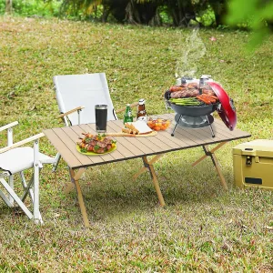 Camping Table Portable Table Folding Table with Carry Bag, 4-6 Person Table for Camping Outdoor Picnic, Steel Roll-Up Picnic Table for BBQ Backyard Patio Party, Sturdy Stand, Natural Wood Color