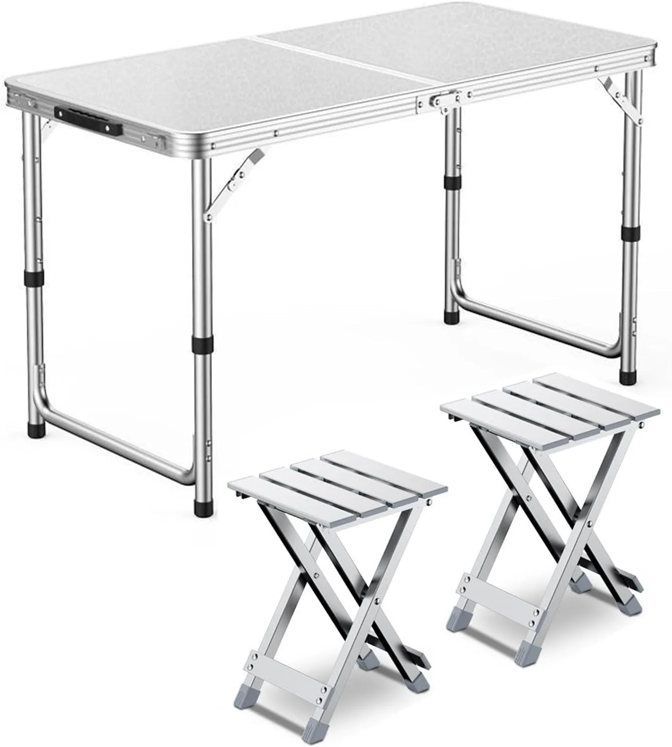Camping Table Set with 2 Stools, Adjustable Height Foldable Picnic Table Portable Folding Aluminum airs Stools for Kiten Outdoor Garden BBQ