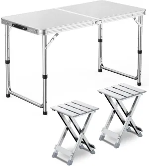 Camping Table Set with 2 Stools, Adjustable Height Foldable Picnic Table Portable Folding Aluminum airs Stools for Kiten Outdoor Garden BBQ
