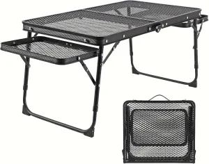 Camping Table with Mesh Desktop, Height Adjustable Folding Grill Table,Folding Table with 2 Wing Panels, Portable Outdoor Table for Picnic, Camping, BBQ, Beach