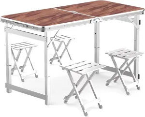 Camping Tables Height Adjustable Portable Table Lightweight Folding Table Small Compact Picnic Table with Aluminum Stool for BBQ Camp Fishing Camping Equipment
