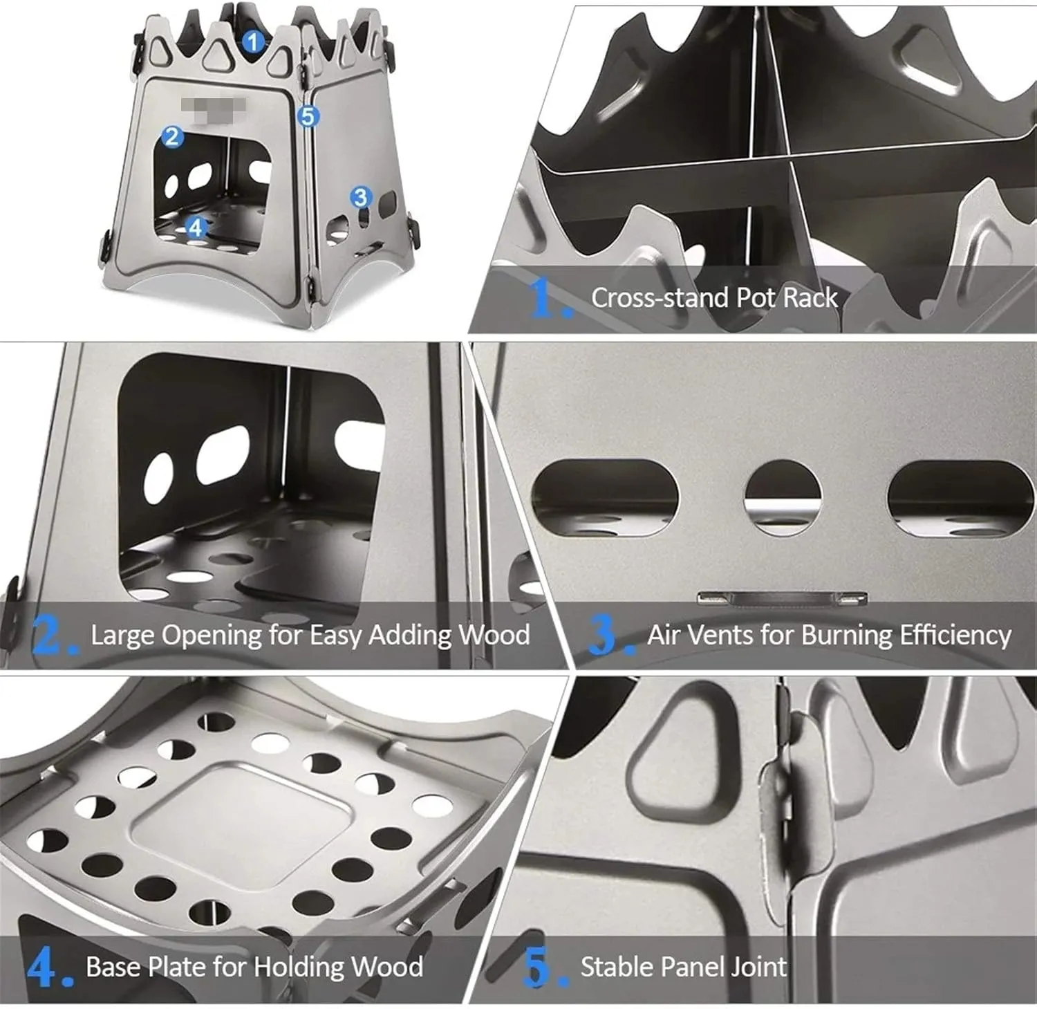 Camping Wood Stove Camping Wood Stove Folding Titanium Wood Burning Stove Lightweight Pocket Stove for Camping Cooking (Color : Silver Size : One Size) (Silver One Size)
