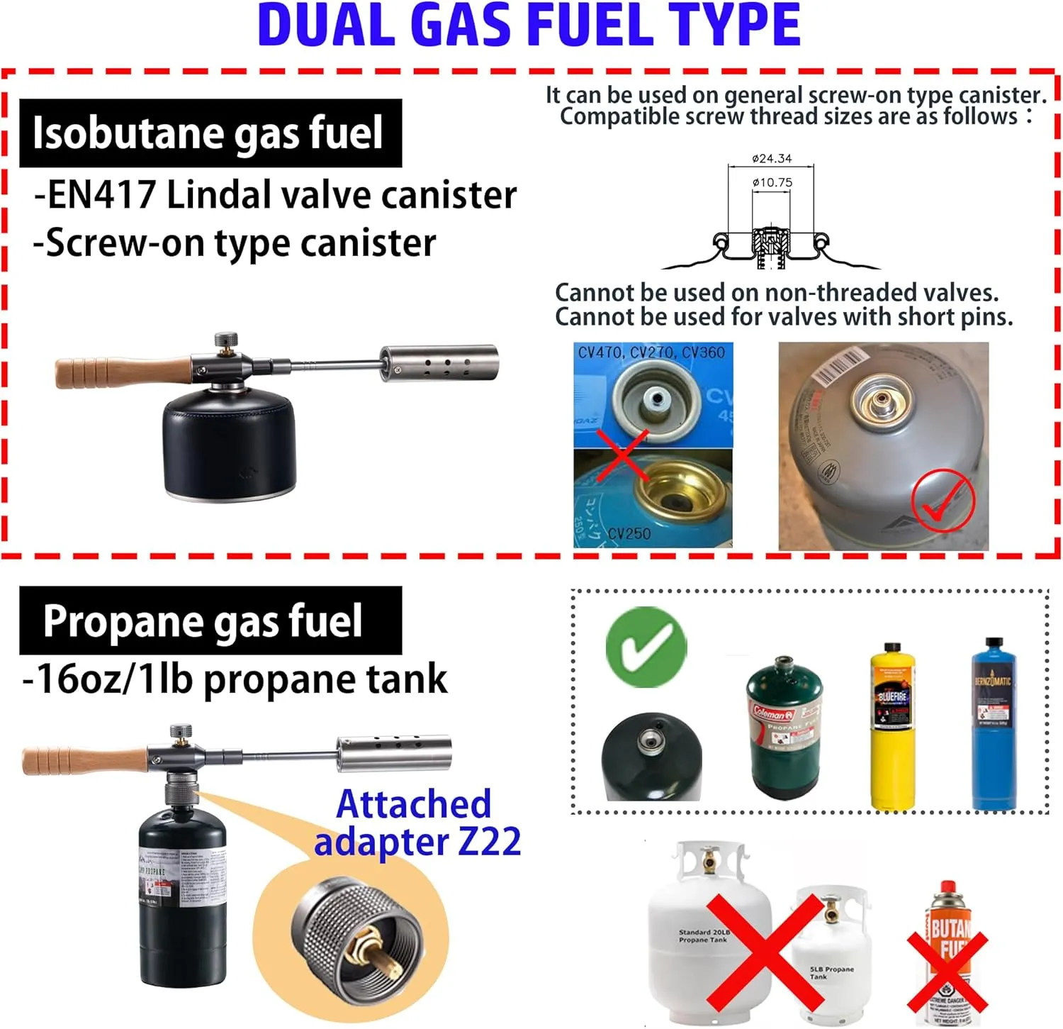 CAMPINGMOON Camping Grill Torch Dual Fuel Head Flame Adjustable for Charcoal Starter with Storage Case MT-3955/I-1010 (Propane   Isobutane)