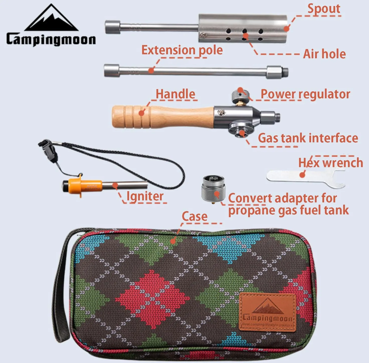CAMPINGMOON Camping Grill Torch Dual Fuel Head Flame Adjustable for Charcoal Starter with Storage Case MT-3955/I-1010 (Propane   Isobutane)