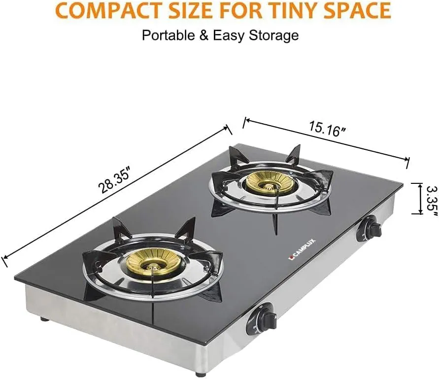 Camplux Propane Gas Cooktop Tempered Glass Double Burners Stove Auto Ignition LPG