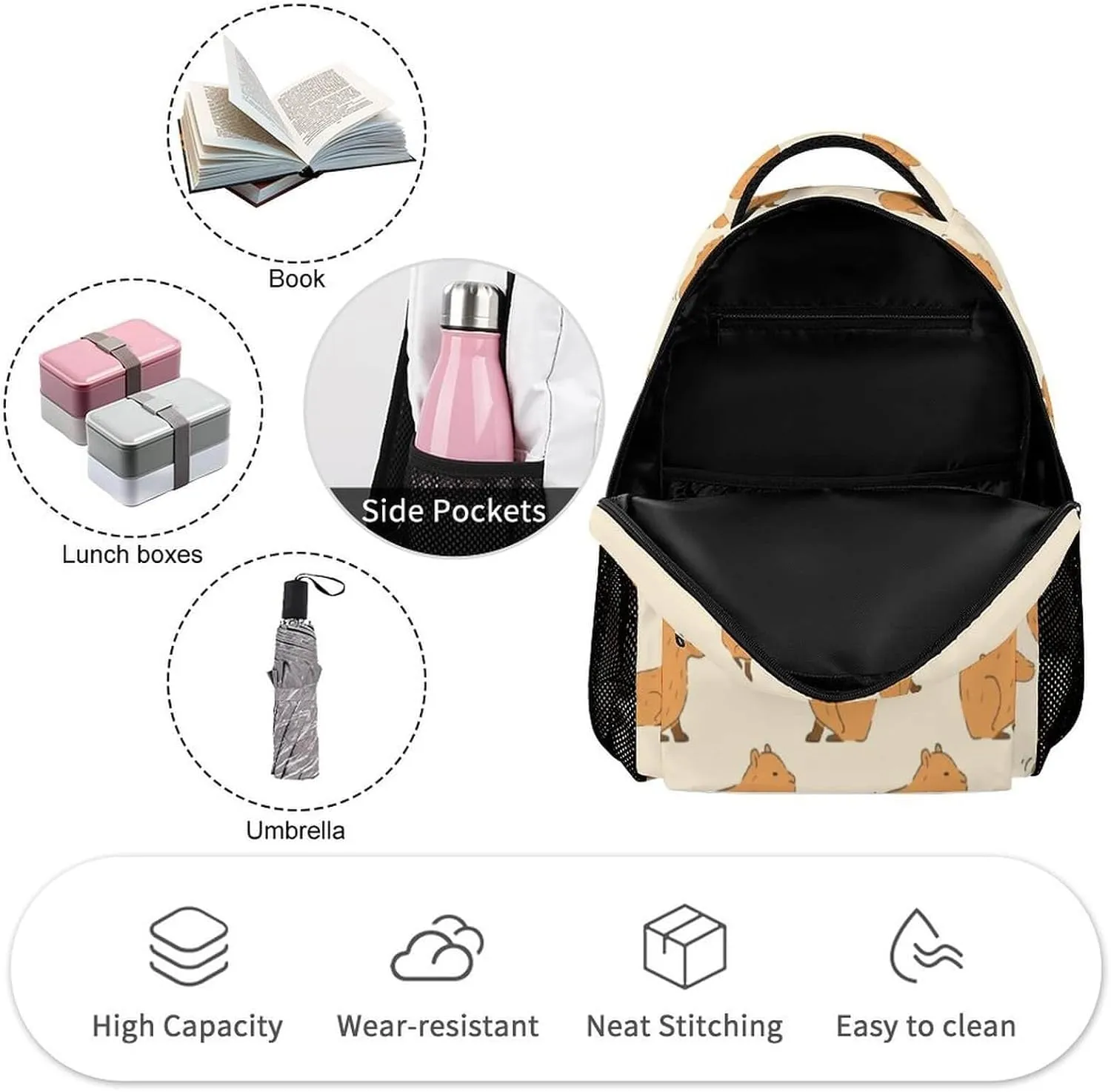 Capybara Backpack for Kids Girls Boys School, 16 Inches Cute Capybara Theme Bookbag, Adjustable, Lightweight, Large Capacity, Colorful Capybara Backpack for School