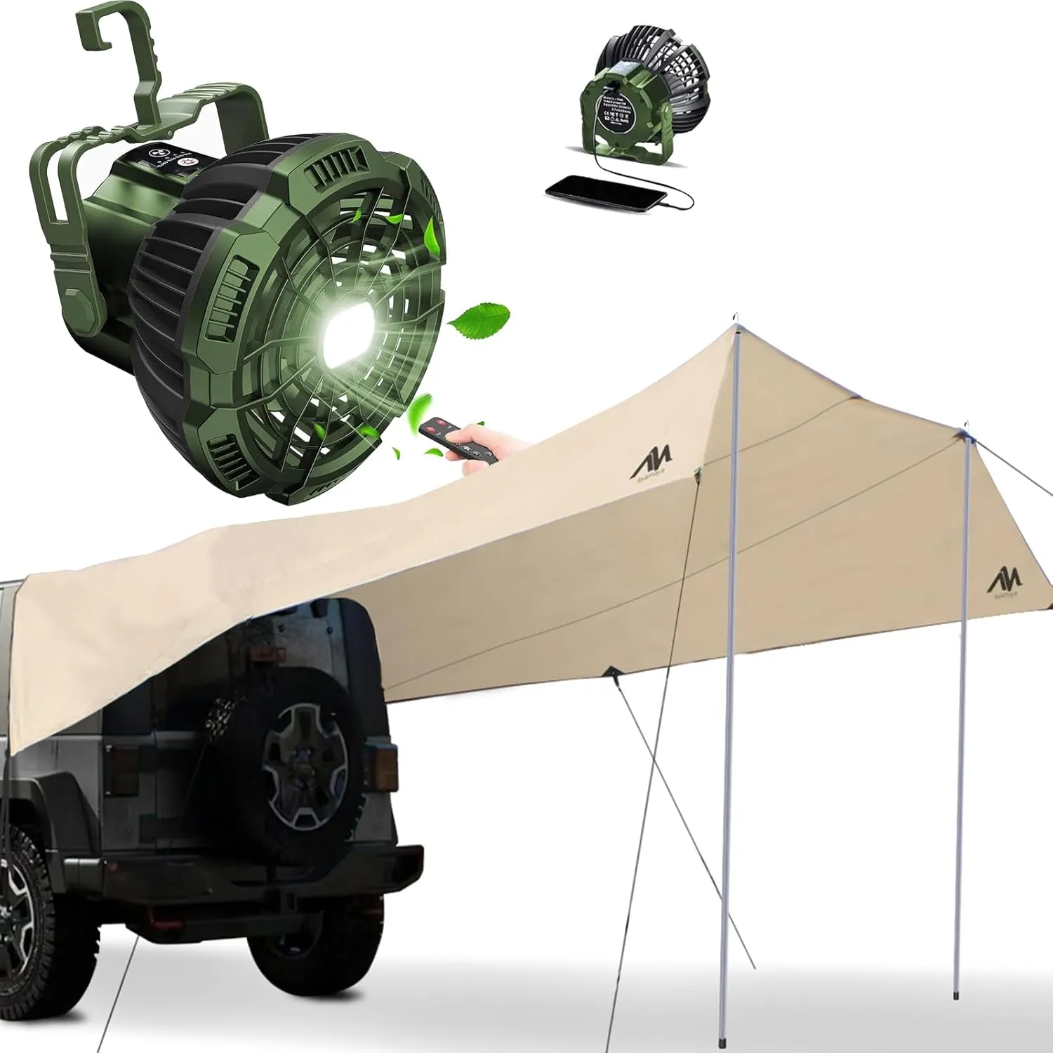 Car Camping Tarp Tailgate & Rechargeable Fan, AYAMAYA 14 x 16 FT Extra Large Car Tent Tarp, Tent Fan with LED Light & Remote Control