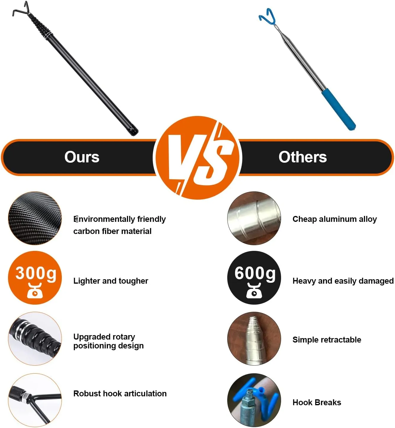 Carbon Fiber Disc Golf Retriever Pole Telescoping Disc Golf Retriever Telescopic Disc Golf Tool with Hook Retrieving Device for Outdoor Sports 13FT