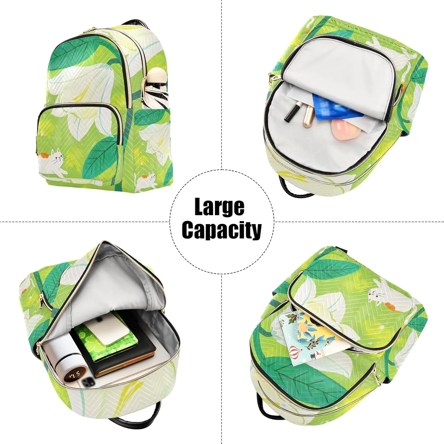 Cartoon Cat and Large Flower Green Campus Backpack Purse Bookbag Quilted Backpack for Women 13" Laptop Backpack Stylish Printed Rucksack with Multiple Pockets Lightweight Travel