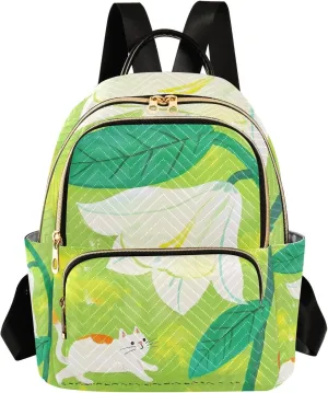 Cartoon Cat and Large Flower Green Campus Backpack Purse Bookbag Quilted Backpack for Women 13" Laptop Backpack Stylish Printed Rucksack with Multiple Pockets Lightweight Travel