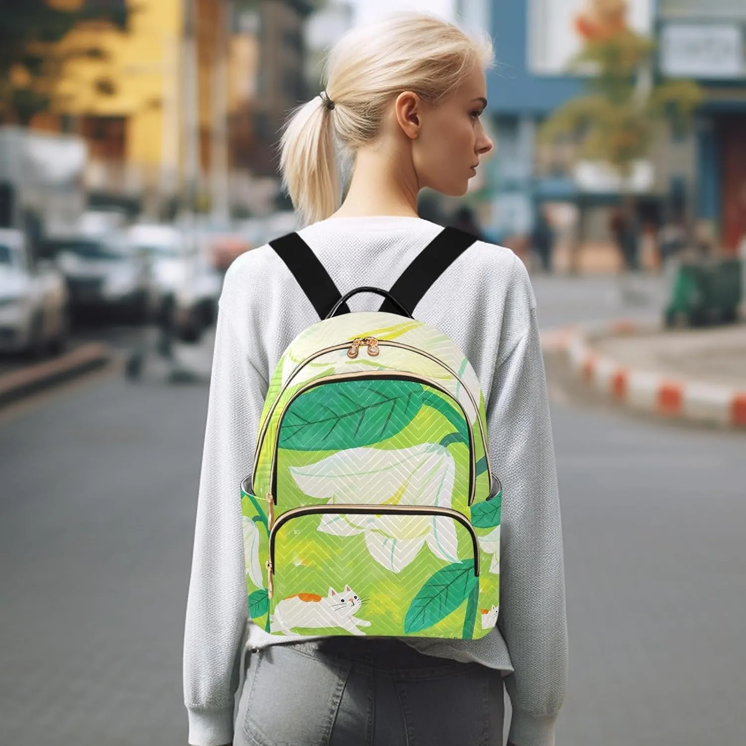 Cartoon Cat and Large Flower Green Campus Backpack Purse Bookbag Quilted Backpack for Women 13" Laptop Backpack Stylish Printed Rucksack with Multiple Pockets Lightweight Travel