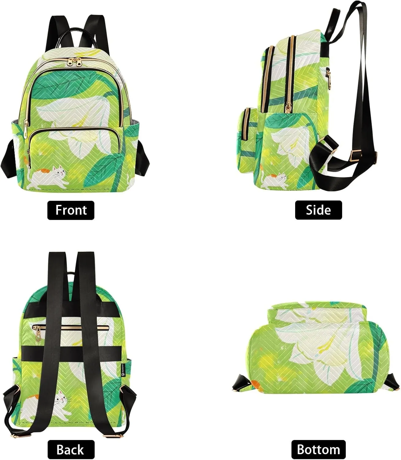 Cartoon Cat and Large Flower Green Campus Backpack Purse Bookbag Quilted Backpack for Women 13" Laptop Backpack Stylish Printed Rucksack with Multiple Pockets Lightweight Travel