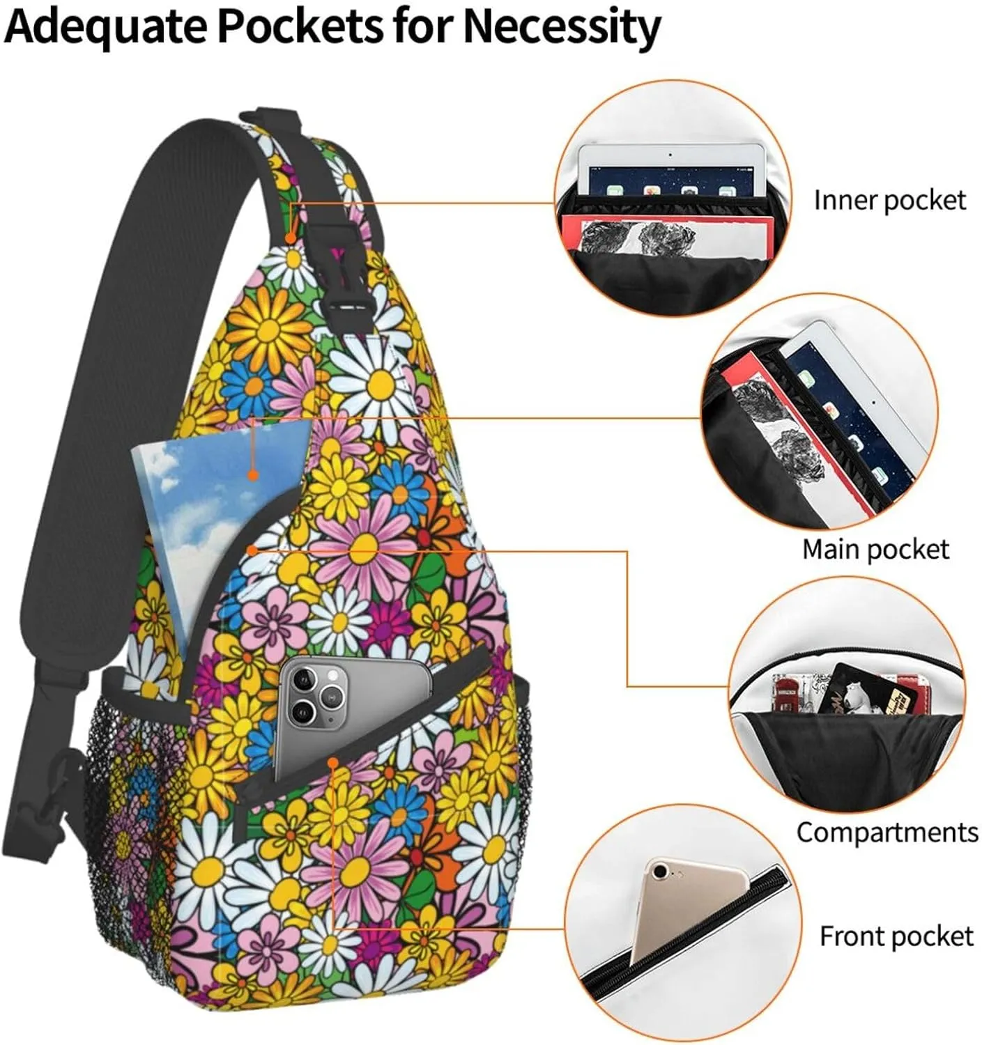 Cartoon Cute Flowers Cross Chest Bag Diagonally Travel Backpack, Light Travel, Hiking Single Shoulder Bag