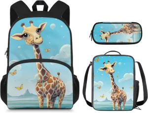 Cartoon Deer Backpack for Kids Girls 6-9 Cute Backpack with Lunch Box 3PCS Sturdy Bookbag with Large Front Pocket 15 inch Cute School Bag Set for Boys Birthday Gifts for Kids