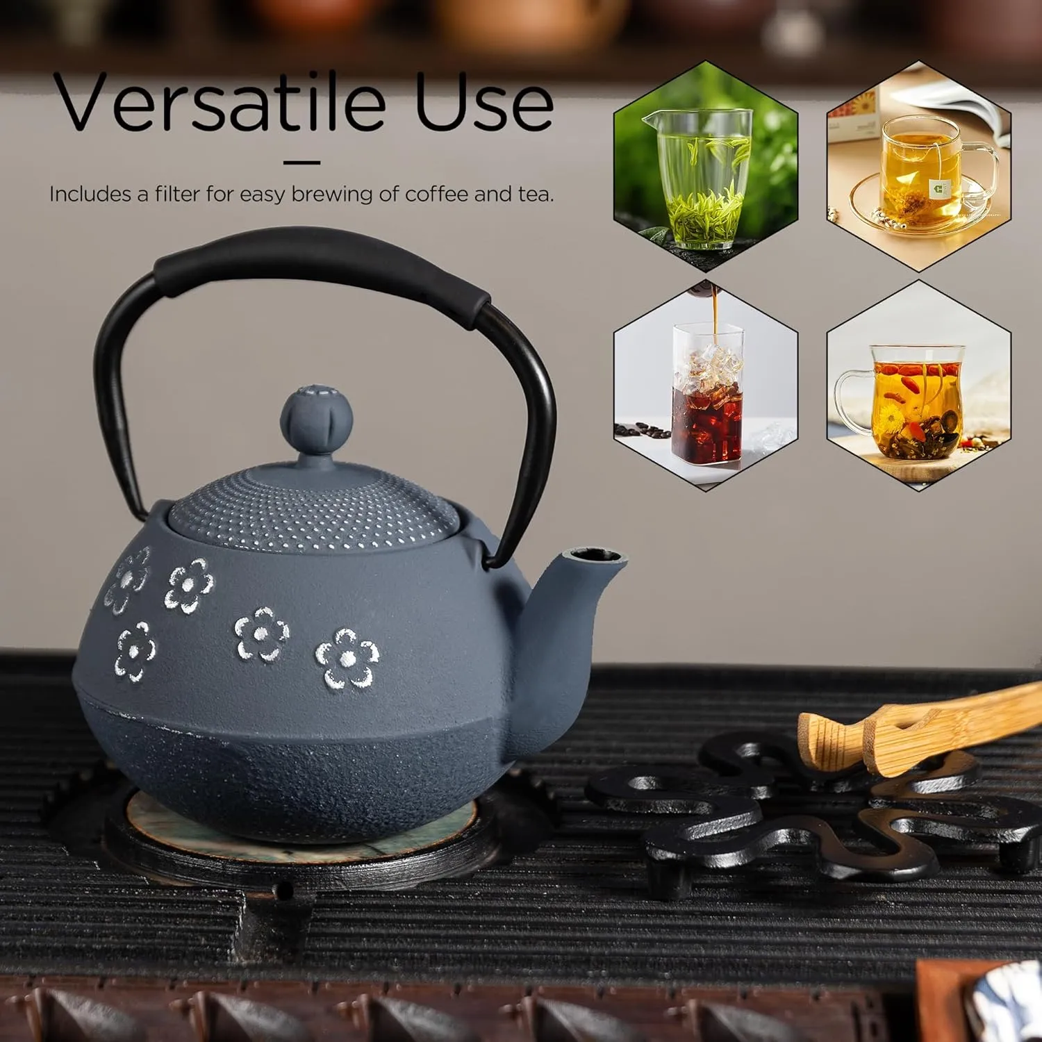 Cast iron Teapot, Tea Kettle for Stovetop Safe with Stainless Steel Infuser, Japanese Hand-made Plum Blossom Design Tea Pot Coated with Enameled Interior for 28oz, 800ml Black