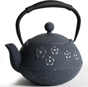 Cast iron Teapot, Tea Kettle for Stovetop Safe with Stainless Steel Infuser, Japanese Hand-made Plum Blossom Design Tea Pot Coated with Enameled Interior for 28oz, 800ml Black